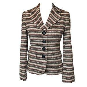 LOFT Petites Striped Woven Cotton Knit Tailored Blazer in Black, Tan & Red EUC
